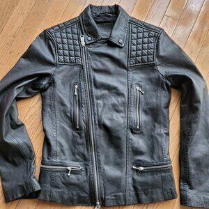 Allsaints Rowley Punk Bomber Black Racer Sheep Leather Jacket Size XS